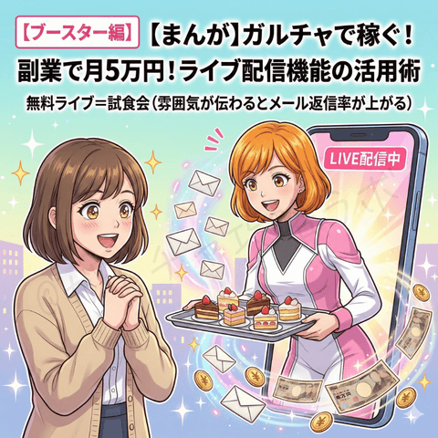 チャットレディの稼ぎ方まんが【ブースター編】第0話『無料ライブ配信の活用方法』の導入イラスト。ナビ役の女性が、無料ライブ配信の役割や活用方法をこれから順番に解説していくことを案内している