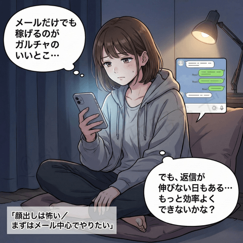 チャットレディ初心者のユキが、メールではある程度やれているものの、もっと効率よく稼ぎたいと考えている漫画イラスト