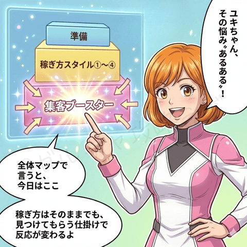 ナビ役の女性が、もっと稼ぎたいときは接客だけでなく集客の動きも必要だと伝え、集客ブースターの考え方を紹介している漫画イラスト