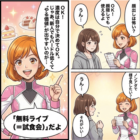 ナビ役の女性が、無料ライブ配信は男性に見つけてもらいながら雰囲気を伝えやすい手段だと説明している漫画イラスト