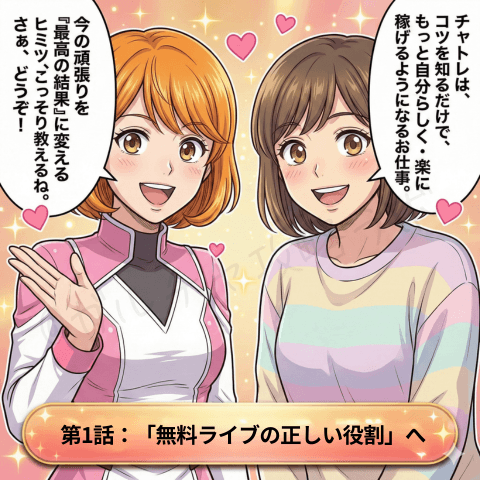 ナビ役の女性がチャットレディ初心者のユキに向けて、このあと無料ライブ配信の役割や活用法を順番に学んでいこうと案内し、第1話へつなげる漫画イラスト