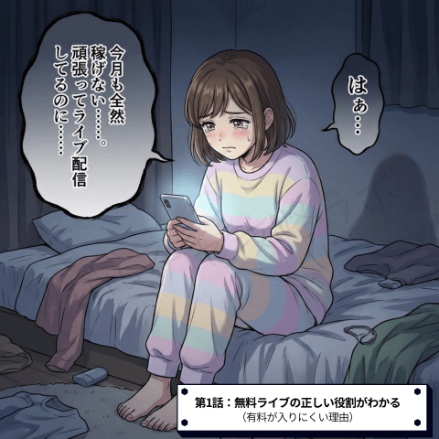 チャットレディの稼ぎ方まんが【ブースター編】第1話『無料ライブの正しい役割がわかる』。チャットレディ初心者ユキが『頑張って配信してるのに稼げない』と悩んでいるシーン