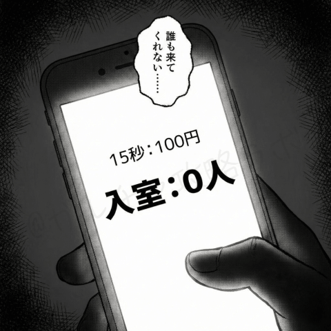 チャットレディ初心者ユキが有料ライブ設定で待機しているのに入室0人のまま誰も来ず、集客できない焦りを感じるシーンを表したスマホ画面の漫画イラスト