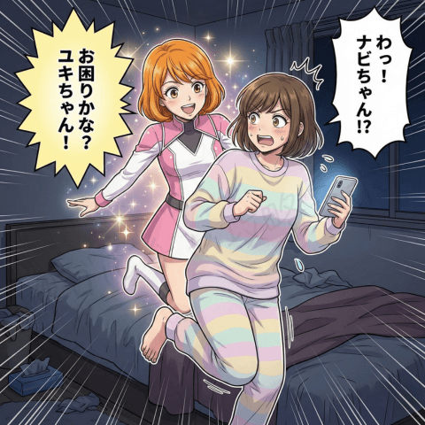 有料ライブ配信で入室が増えず困っているチャットレディ初心者のユキのもとに、ナビ役の女性が『困りかな？ユキちゃん！』と現れてサポートを申し出る漫画イラスト