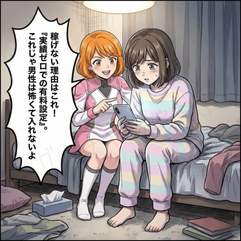 チャットレディ初心者のユキが有料ライブ配信で稼げない原因を悩む中、ナビ役の女性がスマホ画面を指さし『実績ゼロの有料設定だと男性が怖くて入りにくい』と理由を解説する漫画イラスト