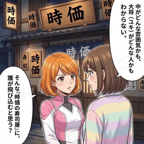 チャットレディ初心者のユキが『中がどんな雰囲気か分からないと入りづらい』と悩む中、ナビ役の女性が『時価の寿司屋に誰が飛び込む？』という例えで、無料ライブは雰囲気を見せて安心させる役割だと教える漫画イラスト