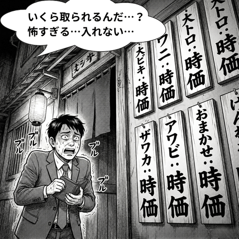 料金が見えない『時価』の店に入れず震える男性の漫画イラスト。チャットレディ初心者ユキの有料ライブが入室されにくい理由を、料金や中身が見えない店のたとえで示している