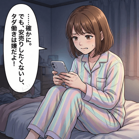 チャットレディ初心者のユキがスマホを見ながら『安売りしたくないし、タダ働きは嫌』と悩むシーンの漫画イラスト。無料ライブの使い方に迷う心情を表している