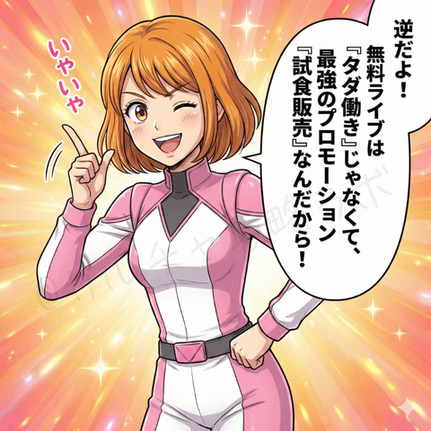 ナビ役の女性が『無料ライブはタダ働きではなく最強のプロモーション＝試食販売』と説明し、チャットレディ初心者ユキの不安を解消する漫画イラスト