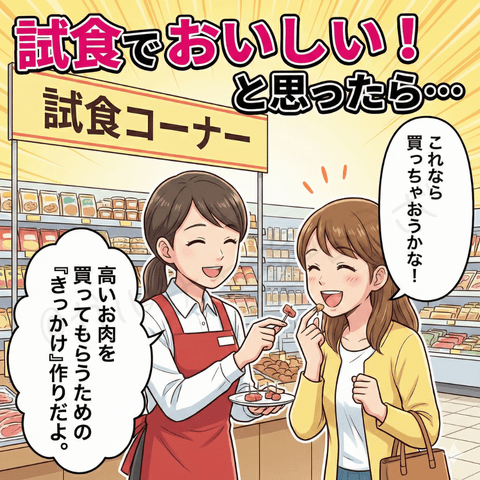 スーパーの試食コーナーで『おいしい、買おうかな』となる様子を描いた漫画イラスト。チャットレディ初心者ユキ向けに、無料ライブは試食のように雰囲気を伝えて有料につなげる役割だと説明している