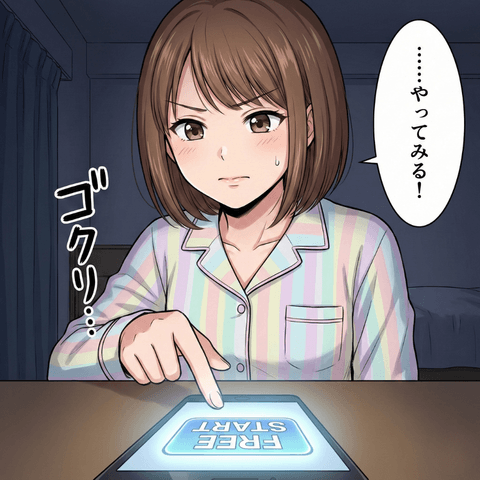 チャットレディ初心者のユキが緊張しながら『やってみる！』と決意し、無料ライブの開始ボタン（FREE START）を押す瞬間を描いた漫画イラスト