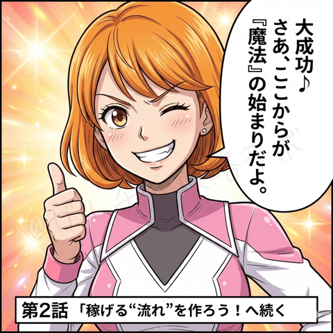 ナビ役の女性が無料ライブの集客成功を褒め、『ここからが始まり』と親指を立てて励まし、第2話『稼げる流れを作ろう！』へ続くと案内する漫画イラスト