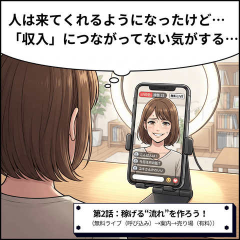 チャットレディの稼ぎ方まんが【ブースター編】第2話：「稼げる流れを作ろう！」チャットレディ初心者が無料ライブに人は来るのに収入につながらず悩み、『稼げる流れ（無料ライブの呼び込み→案内→売り場［有料］）』を作る必要性を示すイラスト