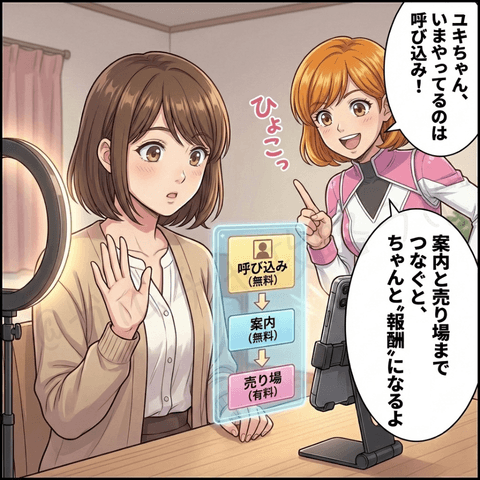 チャットレディの稼ぎ方として『呼び込み（無料）→案内（無料）→売り場（有料）』の流れを説明し、報酬につながる仕組みを教えるイラスト