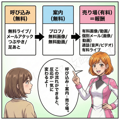 チャットレディの報酬発生までの導線（呼び込み［無料］→案内［無料］→売り場［有料＝報酬］）を図解し、無料ライブ・メールから有料画像・有料動画・通話・有料ライブへ誘導する流れを説明するイラスト