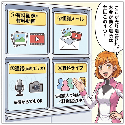 チャットレディの『売り場（有料）＝報酬』の4種類（有料画像・有料動画／個別メール／通話［音声・ビデオ］／有料ライブ）を図解して説明するイラスト
