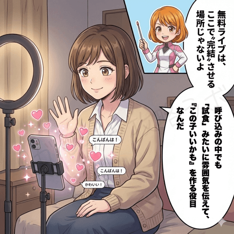 チャットレディ初心者の無料ライブ中に挨拶や雰囲気づくりで『この子いいかも』と思わせ、呼び込みの段階で完結させず次の導線につなげることを説明するイラスト