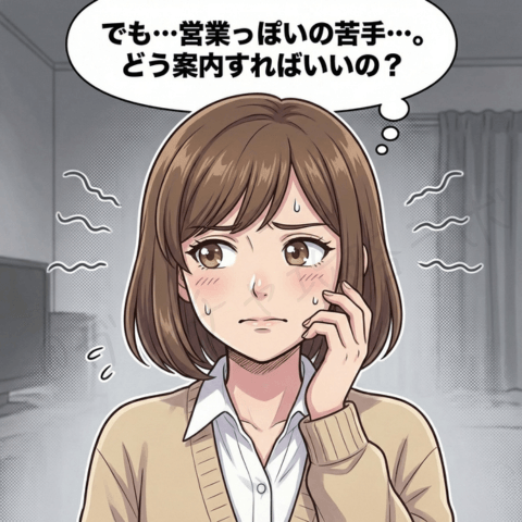 チャットレディ初心者が『営業っぽいのが苦手で、どう案内すればいいの？』と悩み、緊張している様子を描いたイラスト