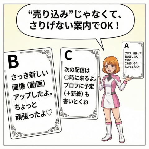 チャットレディの案内は『売り込み』ではなく自然でOKと伝え、プロフィール更新・新着画像・動画の告知・次回配信予定の共有など例文を示すイラスト