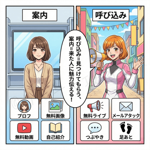 チャットレディの『呼び込み→案内』の役割を対比して解説する図。呼び込みは無料ライブ・メールアタック・つぶやき・足あと、案内はプロフィール・無料画像・無料動画・自己紹介で魅力を伝えるイラスト