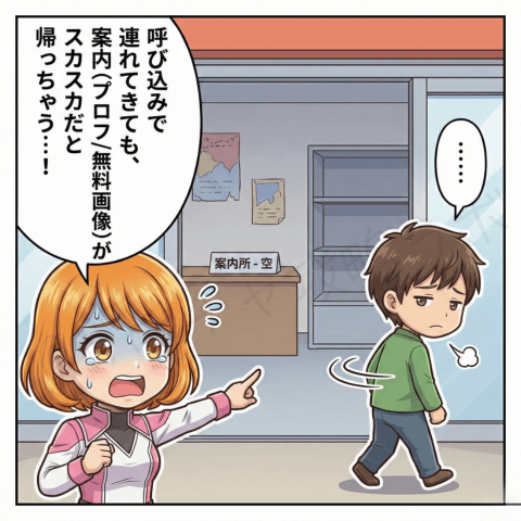 チャットレディの呼び込みで人を集めても、案内（プロフィール・無料画像など）が薄いと男性が離脱してしまう様子を表したイラスト