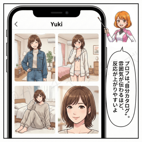チャットレディのプロフィール写真は『自分カタログ』として雰囲気が伝わるほど反応が上がることを、複数の写真例付きで説明するイラスト