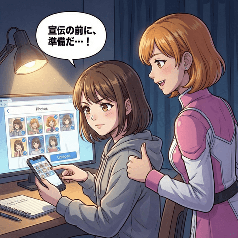 チャットレディ初心者が宣伝を始める前に、プロフィール写真の選定・アップロードなど事前準備を整える重要性を説明するイラスト