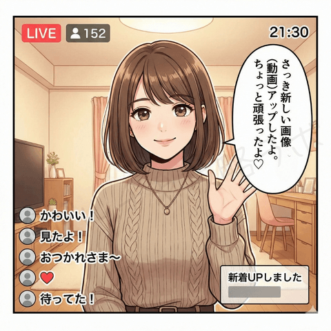 チャットレディ初心者がライブ配信で『新しい画像（動画）をアップしたよ』と自然に告知し、視聴者コメントが集まって反応が上がる様子を描いたイラスト