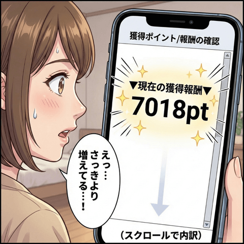チャットレディの報酬ポイントをスマホで確認し、増えていることに驚く女性のイラスト