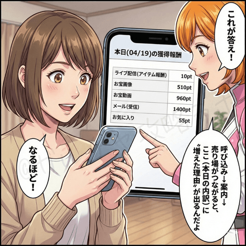 チャットレディの本日の獲得報酬内訳（メール受信・ライブ配信など）をスマホで確認し、ポイントの増え方を理解する女性のイラスト