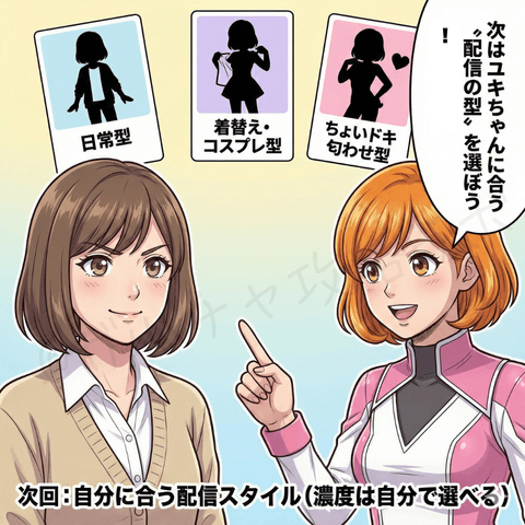 チャットレディの配信スタイル選び（日常型・着替え・コスプレ型・ちょいドキ匂わせ型）を説明し、自分に合う濃度を選べることを案内するイラスト