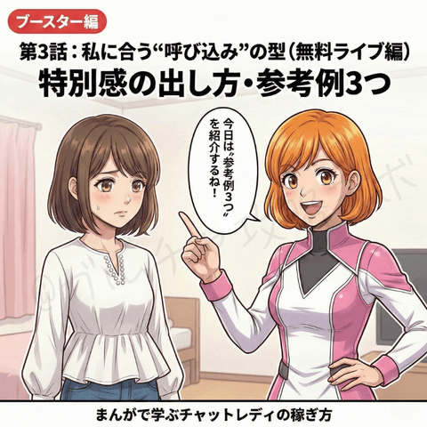 チャットレディの無料ライブ配信マンガ第3話。ナビが初心者女性に、呼び込みで使える特別感の出し方と参考例3つを紹介する扉画像