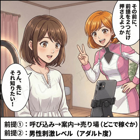 チャットレディの無料ライブ配信マンガ画像。ナビが初心者女性に、無料ライブを始める前提として『呼び込み→案内→売り場』の流れと男性刺激レベルの考え方を先に押さえる大切さを伝えている