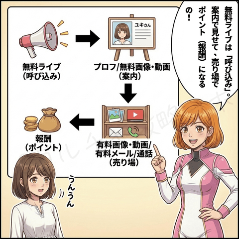 チャットレディの無料ライブ配信の流れを説明するマンガ画像。無料ライブで呼び込み、プロフィールや無料画像・動画で案内し、有料画像・動画・有料メール・通話の売り場につなげて報酬になる仕組みを紹介