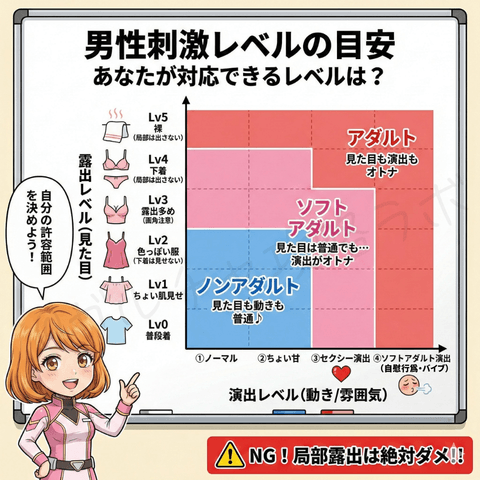 チャットレディの無料ライブ配信で使う男性刺激レベルの目安を解説する図解画像。ノンアダルト・ソフトアダルト・アダルトの違いや、見た目と演出の許容範囲、局部露出はNGであることを示している