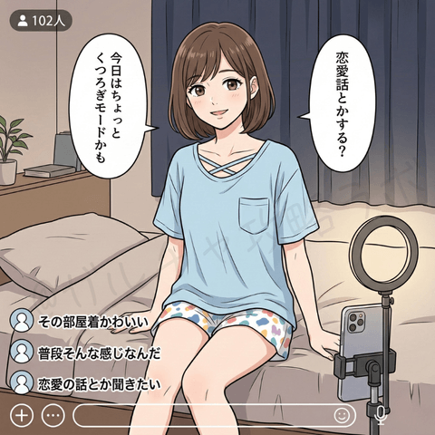 チャットレディの無料ライブ配信マンガ画像。ユキが部屋着でくつろぎながら配信し、恋愛話などを少し広げて、服を着たままでも色っぽい空気を作るセクシー入門型の実演をしている