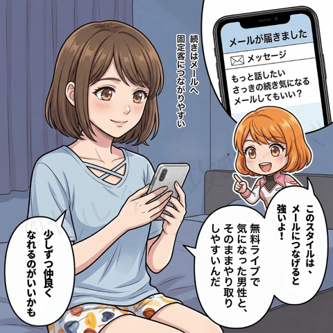 チャットレディの無料ライブ配信マンガ画像。セクシー入門型で気になった男性をメールへつなげ、少しずつ仲良くなって固定客につなげやすい流れをユキとナビが紹介している