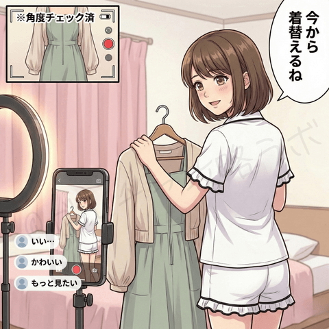 チャットレディの無料ライブ配信マンガ画像。深夜帯の呼び込みで着替えシーンを見せながら、角度を確認しつつ服装チェンジで特別感を出し、男性の反応を高める例を紹介している