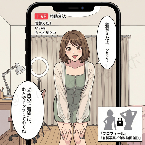 チャットレディの無料ライブ配信マンガ画像。着替え後の姿を見せながら会話で引きつけ、続きはプロフィールや有料写真・有料動画で見せる流れにつなげる例を紹介している