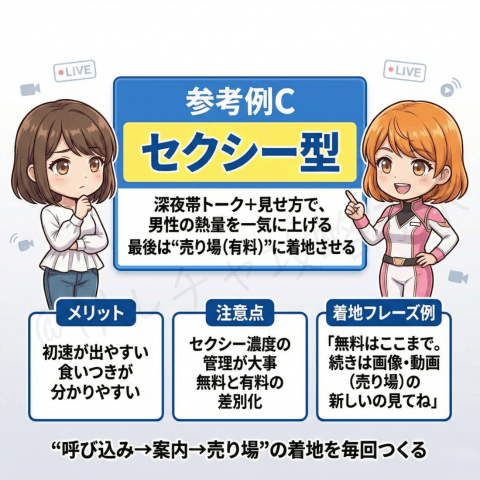 チャットレディの無料ライブ配信『参考例C・セクシー型』を紹介するマンガ画像。深夜帯トークと見せ方で男性の熱量を高め、有料の画像・動画などの売り場へ着地させる流れ、メリット・注意点・着地フレーズ例をまとめている