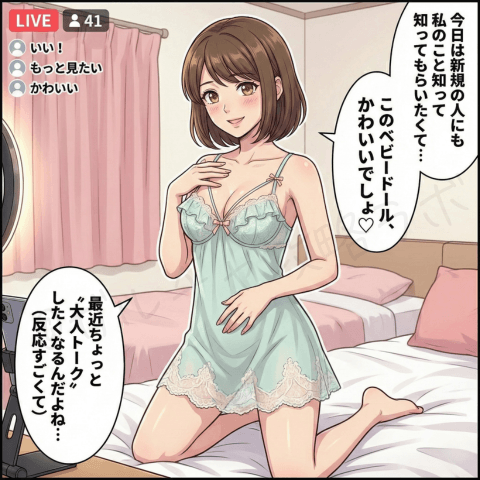 チャットレディの無料ライブ配信マンガ画像。参考例Cのセクシー型として、かわいい下着姿と深夜帯トークで新規男性の興味を引き、大人っぽい雰囲気で反応を高める呼び込み例を紹介している