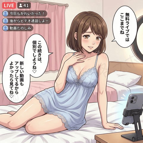 チャットレディの無料ライブ配信マンガ画像。セクシー型で男性の反応を高めたあと、無料ライブはここまでにして、続きは個別や新しい有料動画で見せる流れへ案内する着地例を紹介している