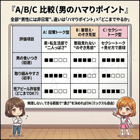 チャットレディの無料ライブ配信で使えるA・B・Cの呼び込み型を比較した図解画像。日常トーク型、着替えのぞき見型、セクシートーク型の違いを、男性の食いつき、取り組みやすさ、性アピール許容度で整理している