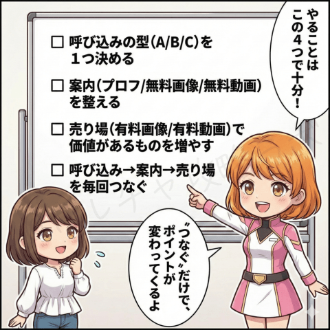 チャットレディの無料ライブ配信マンガ画像。呼び込みの型を1つ決め、プロフィールや無料画像・無料動画の案内を整え、有料画像・有料動画の売り場を増やして、呼び込みから売り場まで毎回つなぐ大切さをまとめている