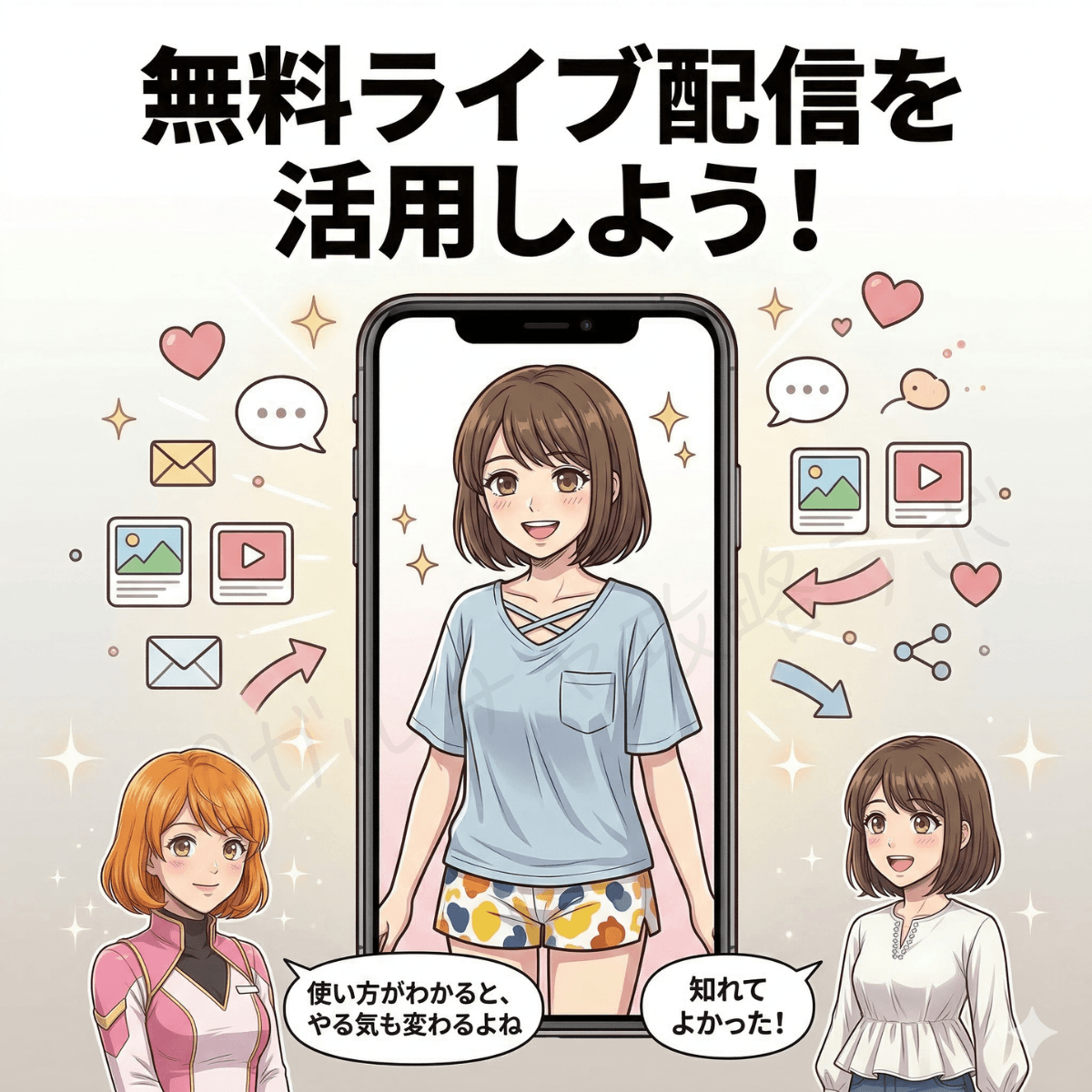 チャットレディ向けに、無料ライブ配信が便利な機能だと伝えるポスター風ビジュアル