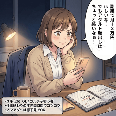 チャットレディ初心者のユキ（ブラウン髪・26歳OL）が、仕事終わりにスマホを見ながら副業で月3万円を目指すものの、アダルトや顔出しが怖くて悩んでいる導入シーンの漫画イラスト（ノンアダは様子見でOK）
