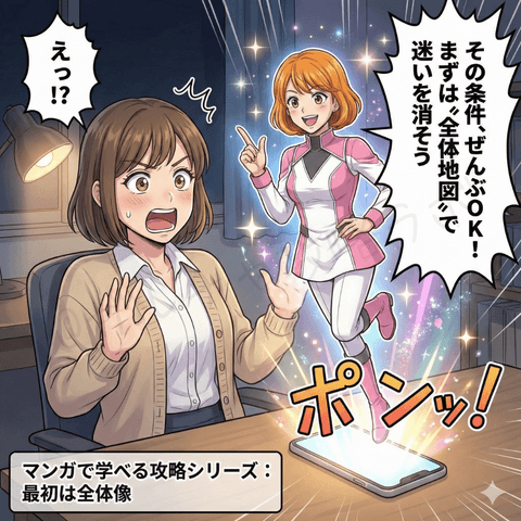 チャットレディ初心者のユキが条件や不安で迷う中、ナビ役の女性がスマホから登場し『まずは全体地図で迷いを消そう』とマンガで学べる攻略シリーズの全体像へ案内する漫画イラスト