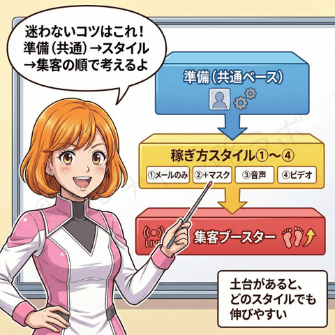 ナビ役の女性が、チャットレディ初心者ユキ向けに『準備（共通）→稼ぎ方スタイル①〜④（メールのみ／＋マスク／音声／ビデオ）→集客ブースター』の順で考えると迷わないと図解で説明する漫画イラスト