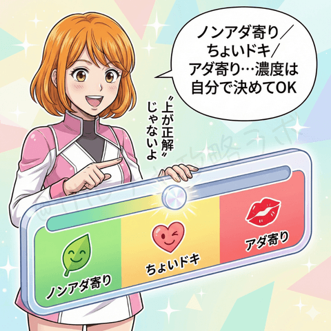 ナビ役の女性が、チャットレディ初心者ユキ向けに『ノンアダ寄り／ちょいドキ／アダ寄り…濃度は自分で決めてOK。上が正解じゃない』と、濃度スライダーで無理なく選べることを説明する漫画イラスト