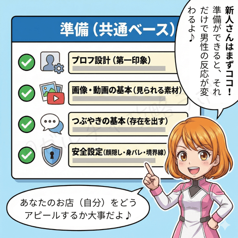 ナビ役の女性が、チャットレディ初心者ユキ向けに『準備（共通ベース）』のチェックリスト（プロフ設計・画像/動画の基本・つぶやきの基本・安全設定）を示し、準備だけで男性の反応が変わると解説する漫画イラスト